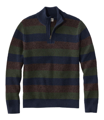 L.L.Bean Men's Organic Cotton Waffle Sweater, Quarter Zip, Stripe Classic Navy Stripe