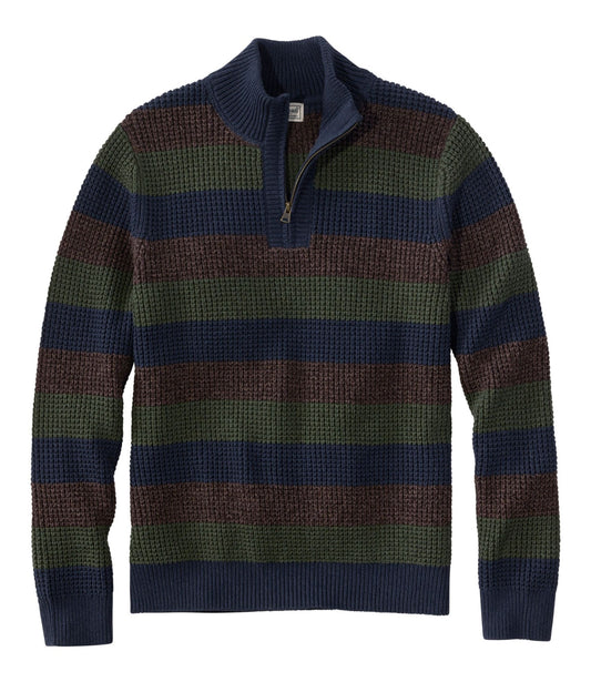 L.L.Bean Men's Organic Cotton Waffle Sweater, Quarter Zip, Stripe Classic Navy Stripe