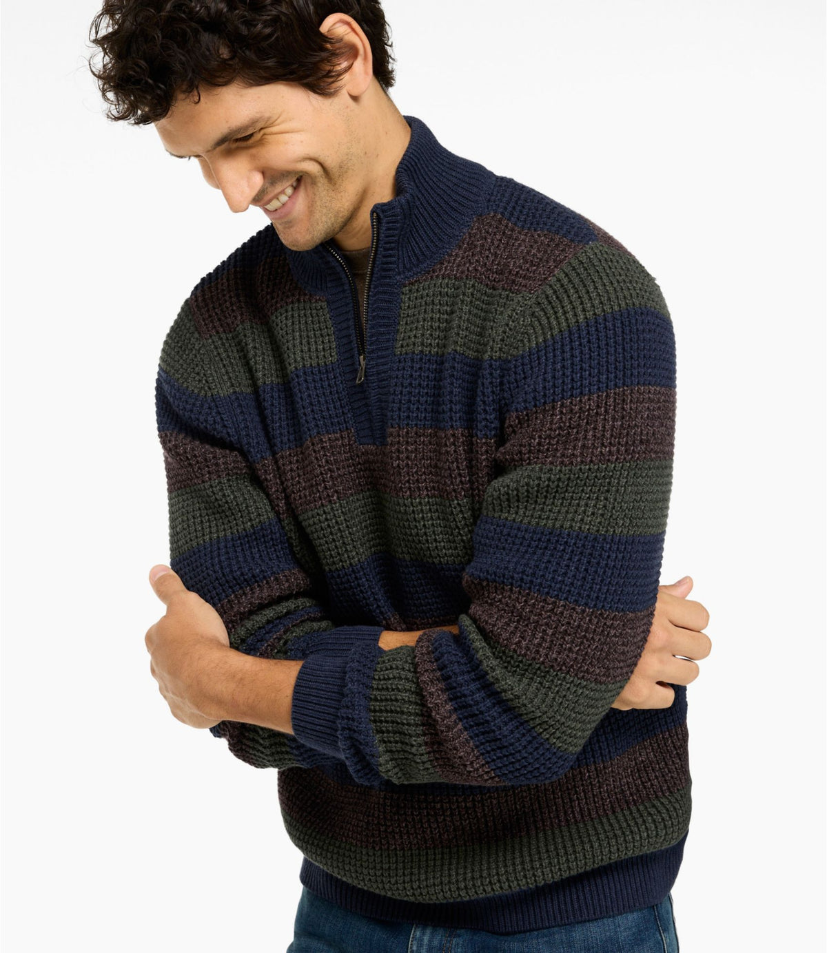 L.L.Bean Men's Organic Cotton Waffle Sweater, Quarter Zip, Stripe Classic Navy Stripe