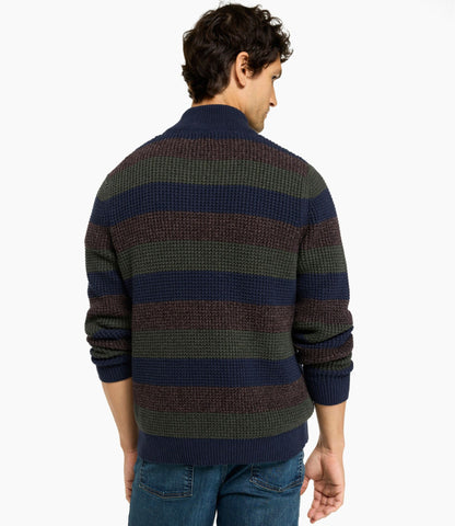 L.L.Bean Men's Organic Cotton Waffle Sweater, Quarter Zip, Stripe Classic Navy Stripe