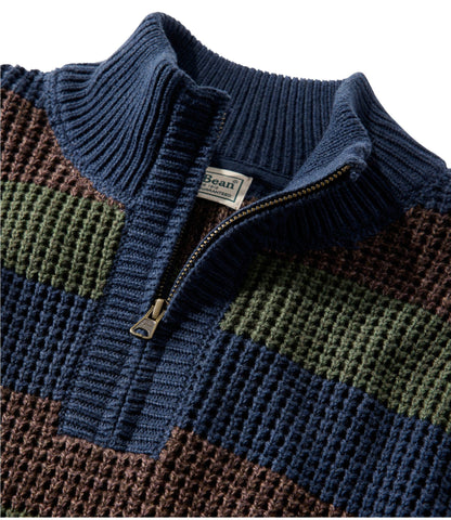 L.L.Bean Men's Organic Cotton Waffle Sweater, Quarter Zip, Stripe Classic Navy Stripe