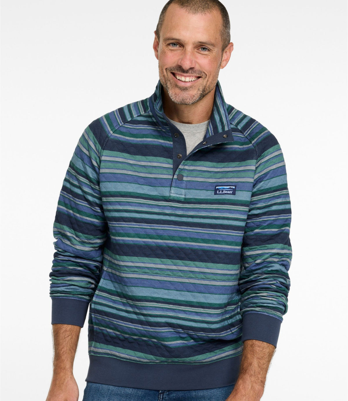 L.L.Bean Men's Quilted Sweatshirt, Mockneck, Stripe Deep Lake Stripe