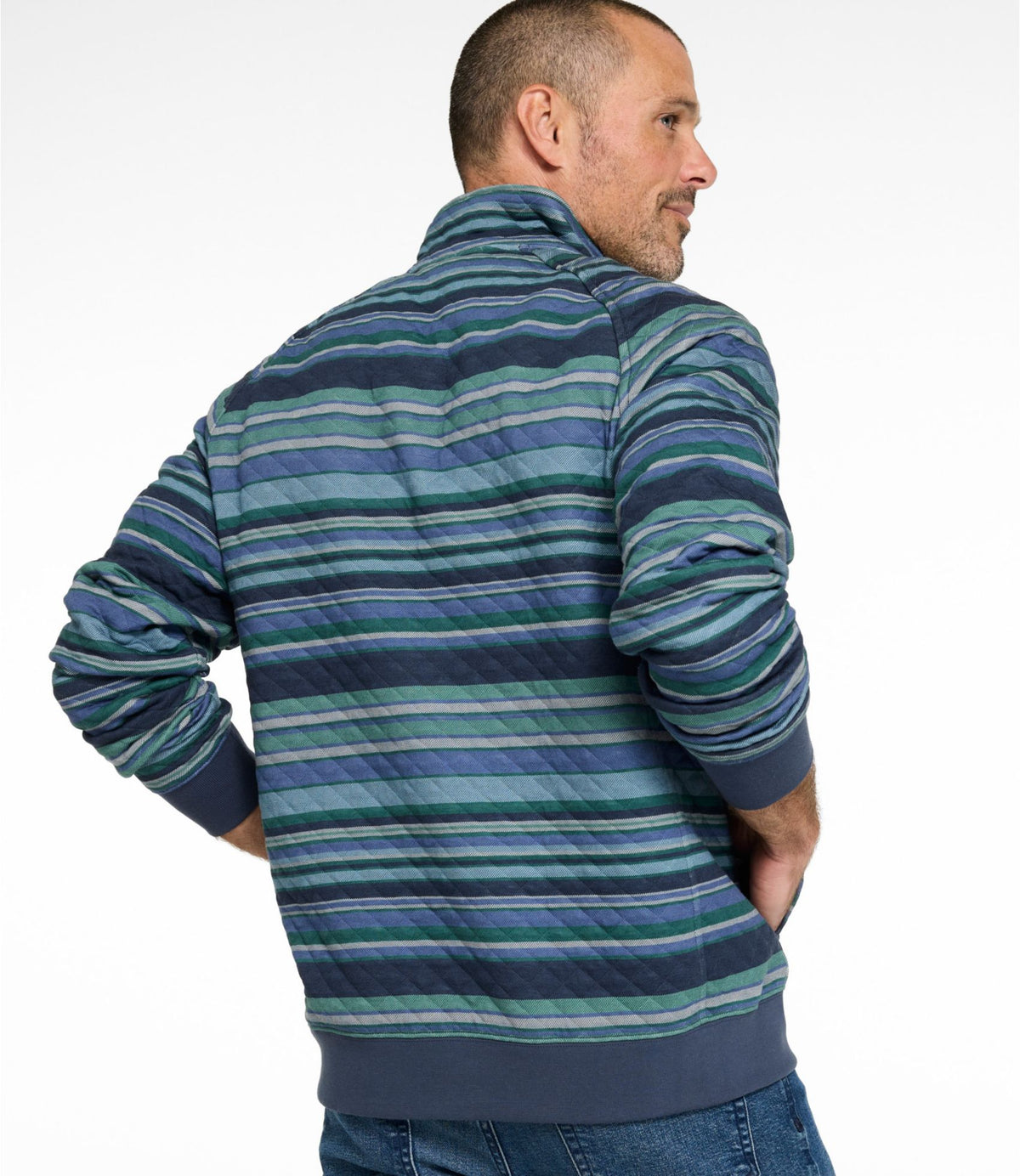 L.L.Bean Men's Quilted Sweatshirt, Mockneck, Stripe Deep Lake Stripe