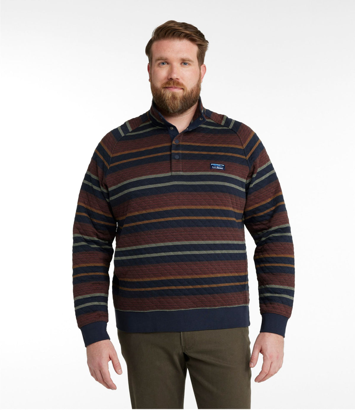L.L.Bean Men's Quilted Sweatshirt, Mockneck, Stripe Deep Lake Stripe
