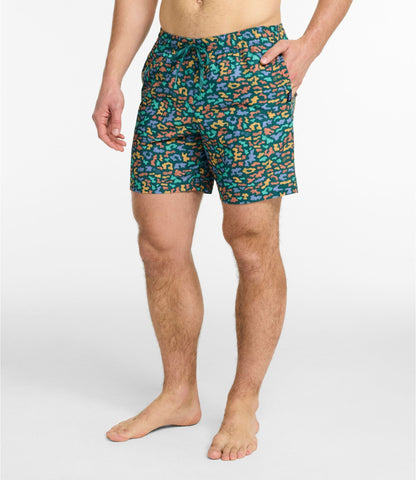 L.L.Bean Men's Bold Coast Swim Trunks, 7" Carbon Navy Abstract Hibiscus