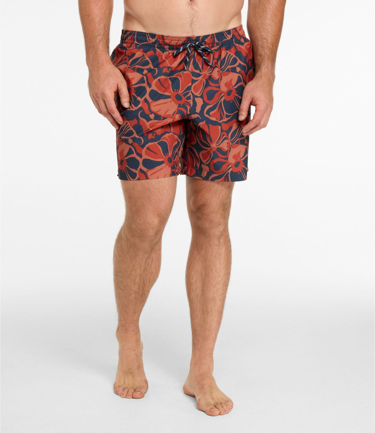 L.L.Bean Men's Bold Coast Swim Trunks, 7" Carbon Navy Abstract Hibiscus