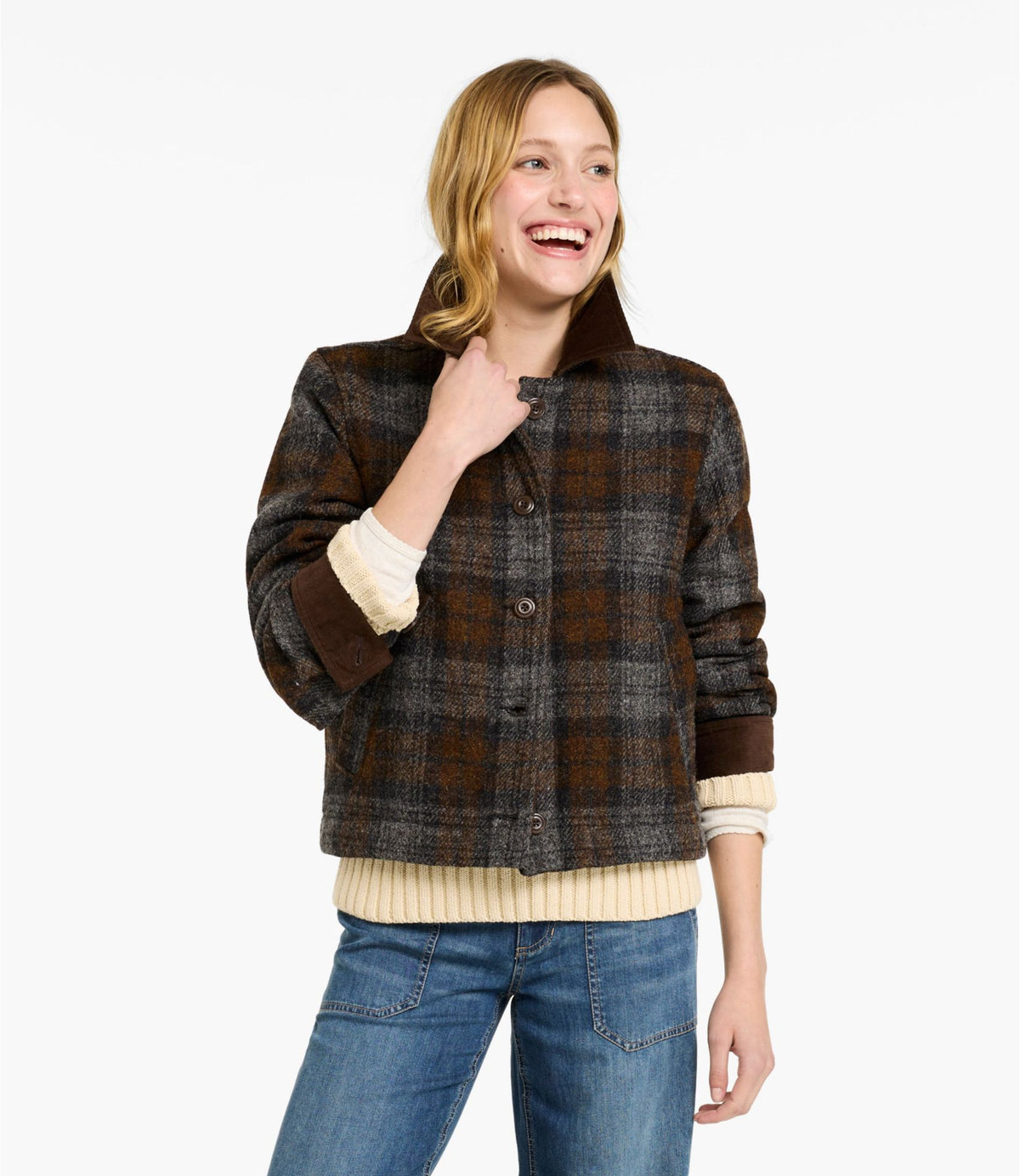 L.L.Bean Women's Signature Wool Chore Jacket Harris Tweed Gray/Brown Plaid