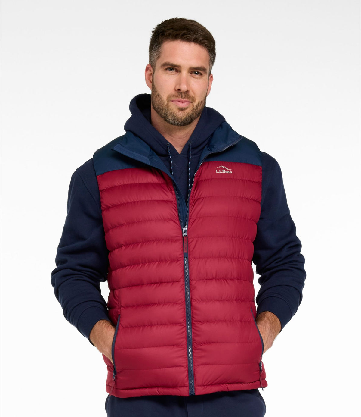 L.L.Bean Men's Access Down Vest, Colorblock Nautical Navy/Bordeaux
