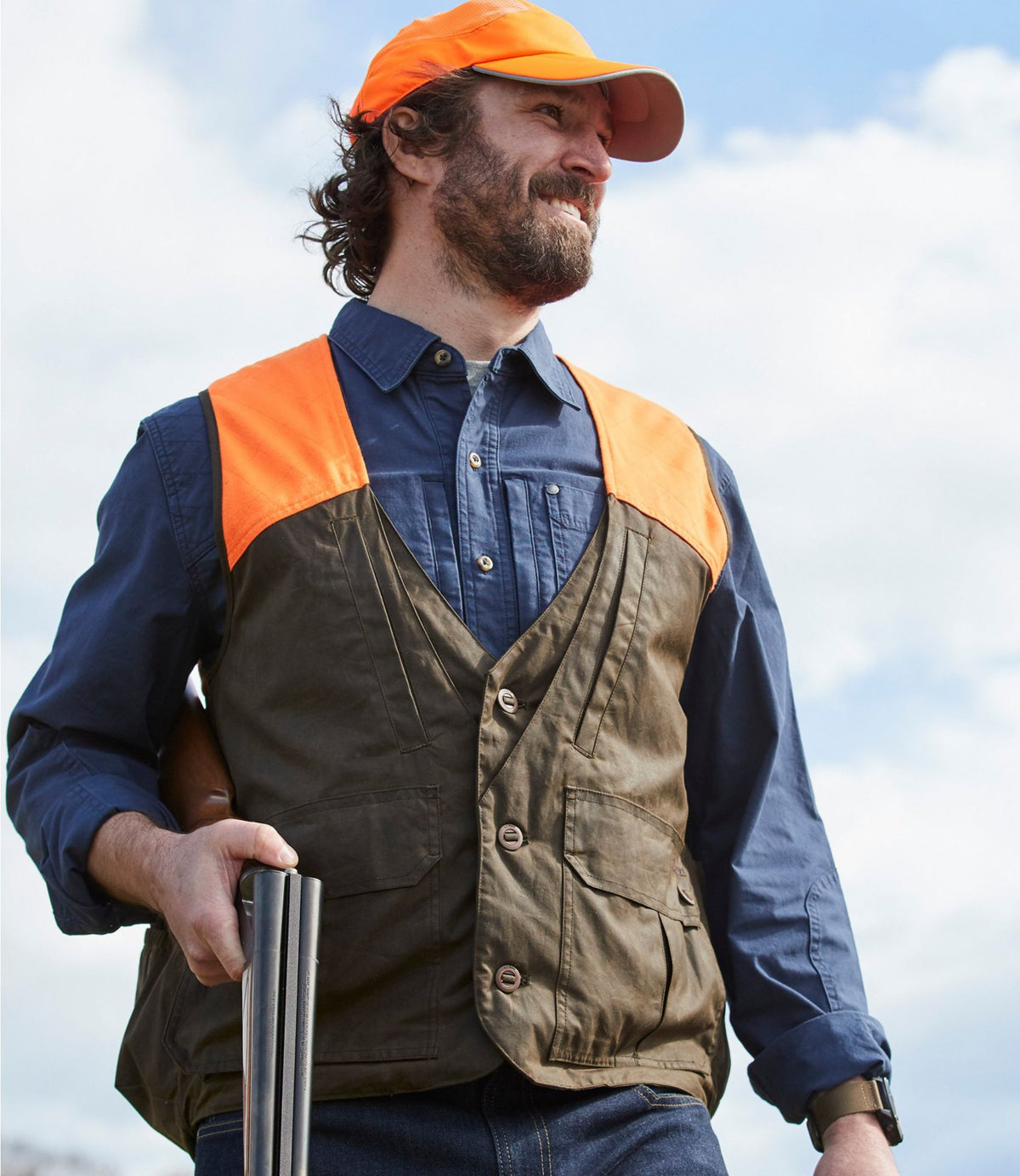 L.L.Bean Men's Double L Waxed-Cotton Upland Vest, Hunter Orange Otter Brown/Hunter Orange