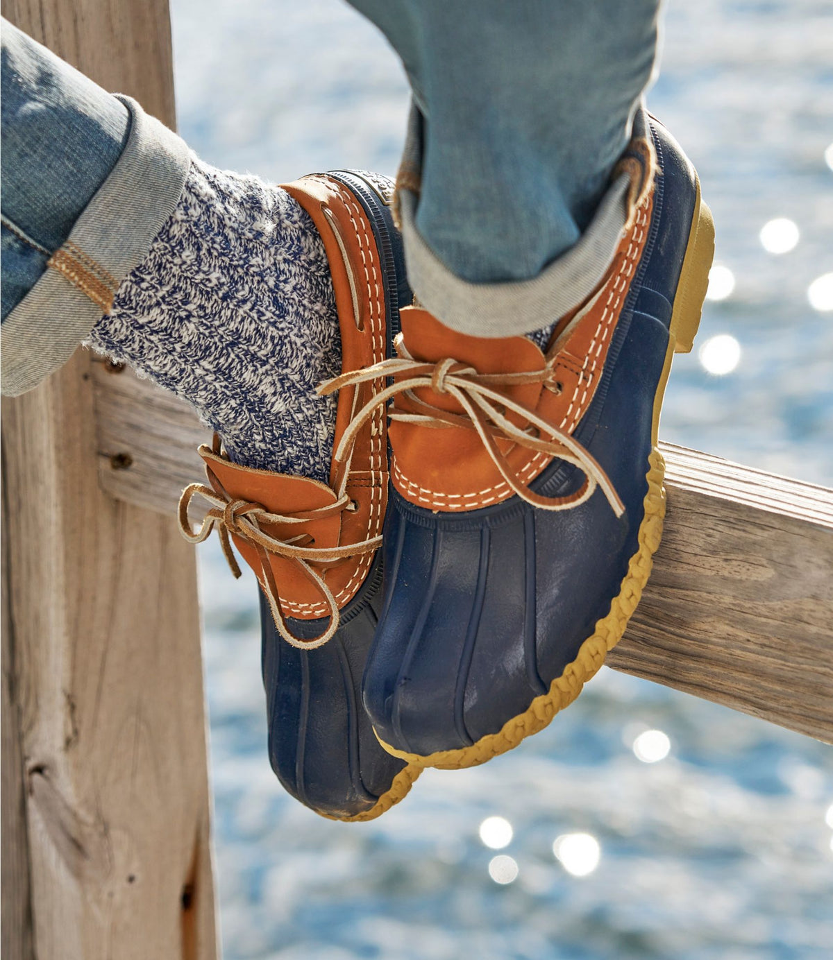 L.L.Bean Women's Bean Boots, Rubber Mocs Tan/Bright Navy/Gum