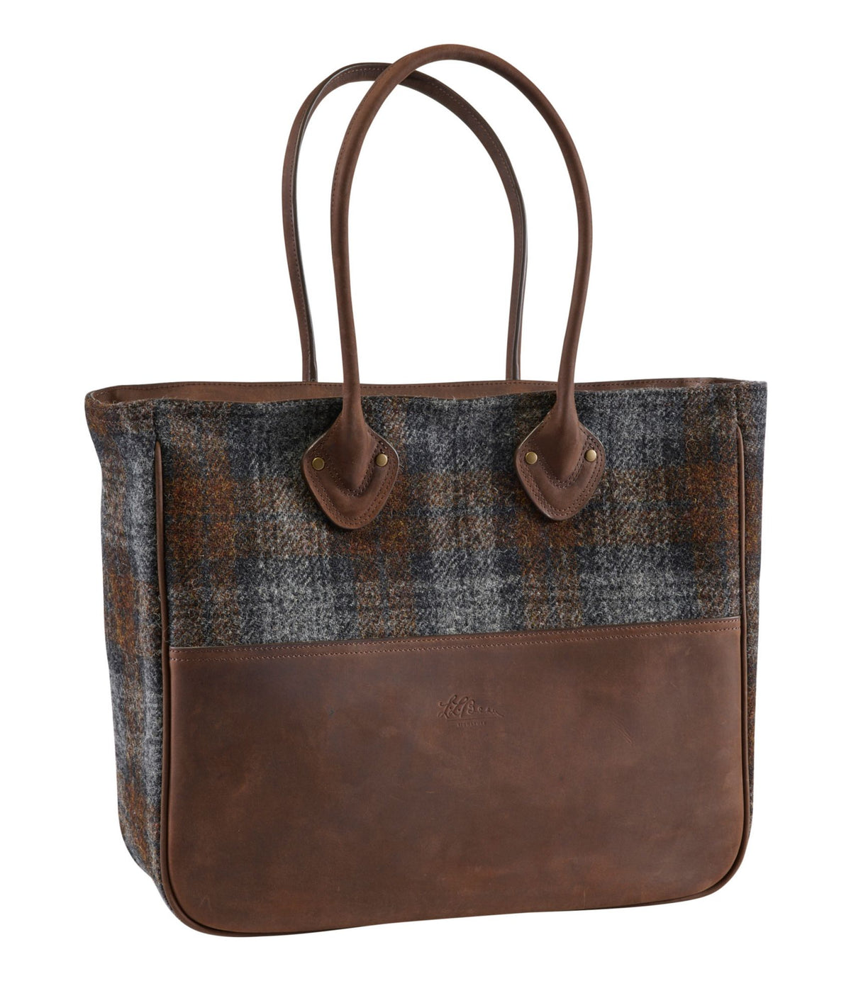 L.L.Bean Signature Double L® Leather/Wool Bag Harris Tweed Gray/Brown Plaid