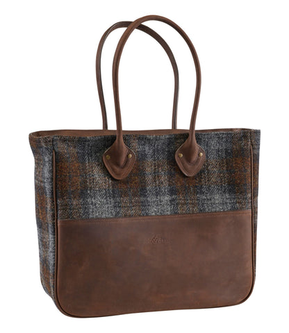 L.L.Bean Signature Double L® Leather/Wool Bag Harris Tweed Gray/Brown Plaid