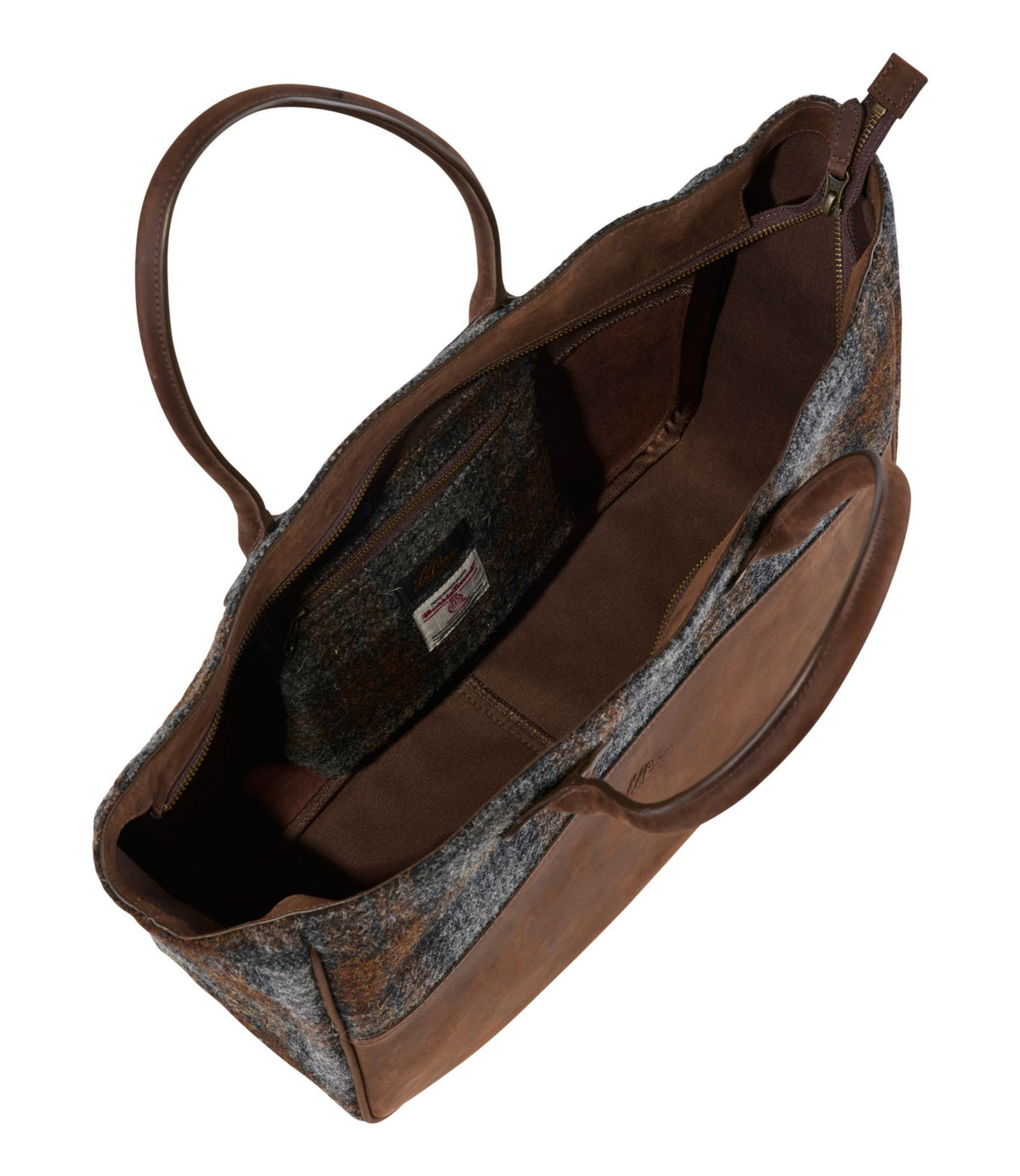 L.L.Bean Signature Double L® Leather/Wool Bag Harris Tweed Gray/Brown Plaid