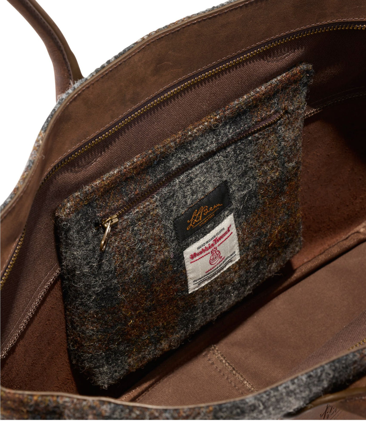 L.L.Bean Signature Double L® Leather/Wool Bag Harris Tweed Gray/Brown Plaid
