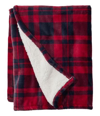 L.L.Bean Wicked Plush Sherpa Throw, Plaid Mountain Red