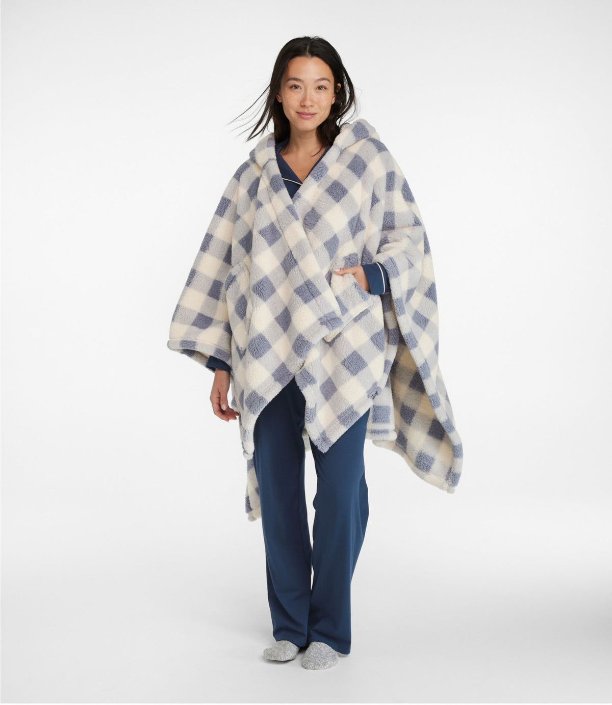 L.L.Bean Cozy Sherpa Wearable Throw, Plaid Cream/Heritage Tan