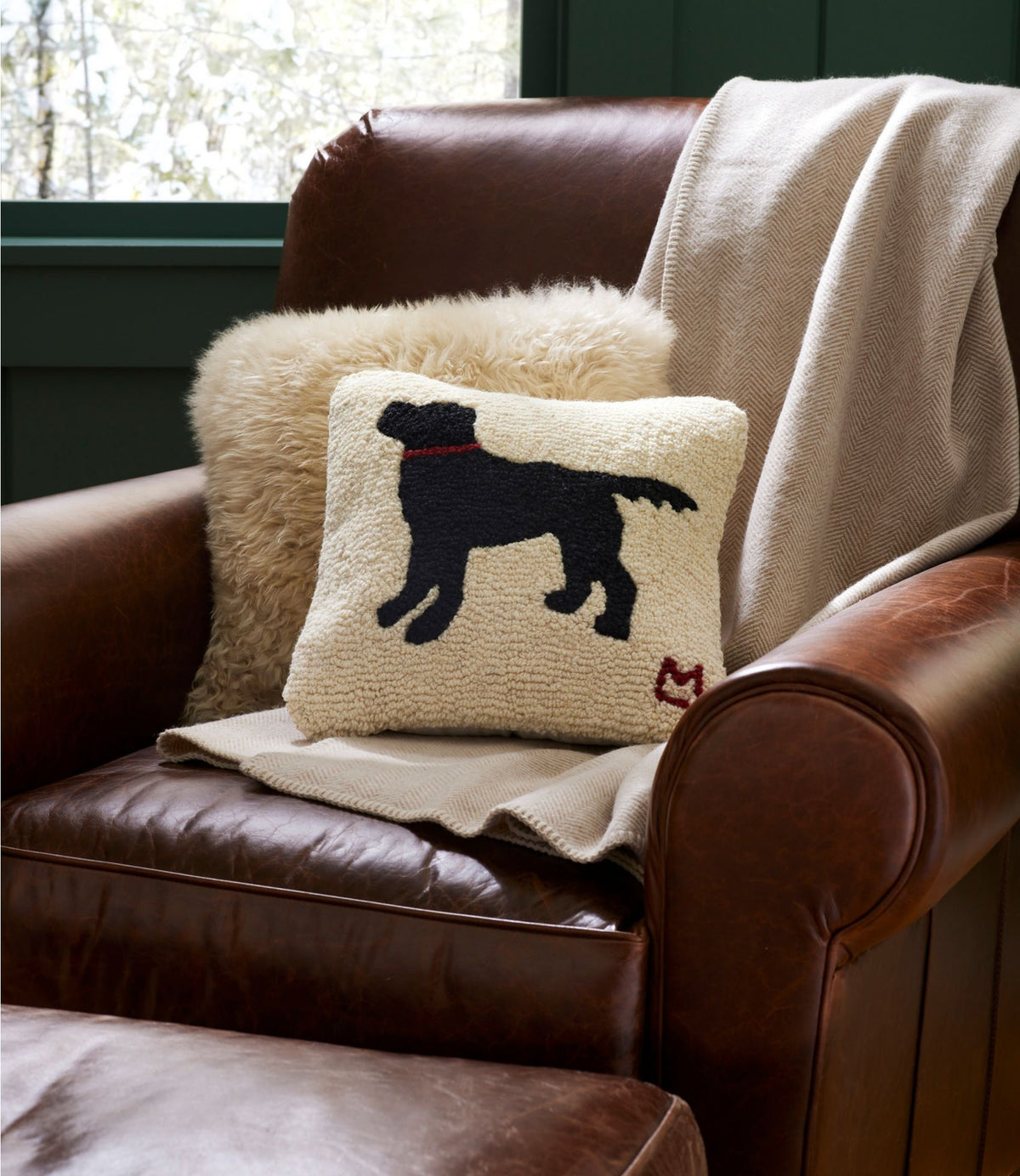 L.L.Bean Wool Hooked Throw Pillow, Black Dog, 14" x 14"