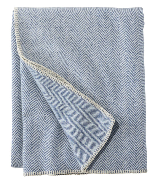 L.L.Bean Washable Wool Blanket, Herringbone Blue/Cream