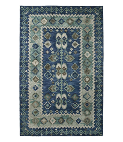 L.L.Bean Double Border Wool Hooked Rug Blue