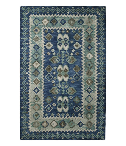 L.L.Bean Double Border Wool Hooked Rug Blue