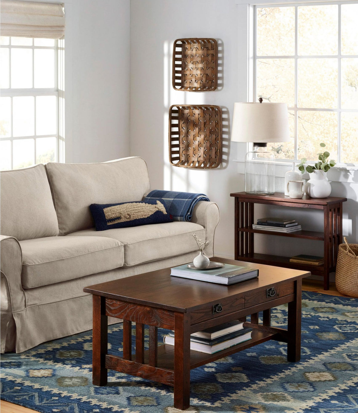 L.L.Bean Double Border Wool Hooked Rug Blue