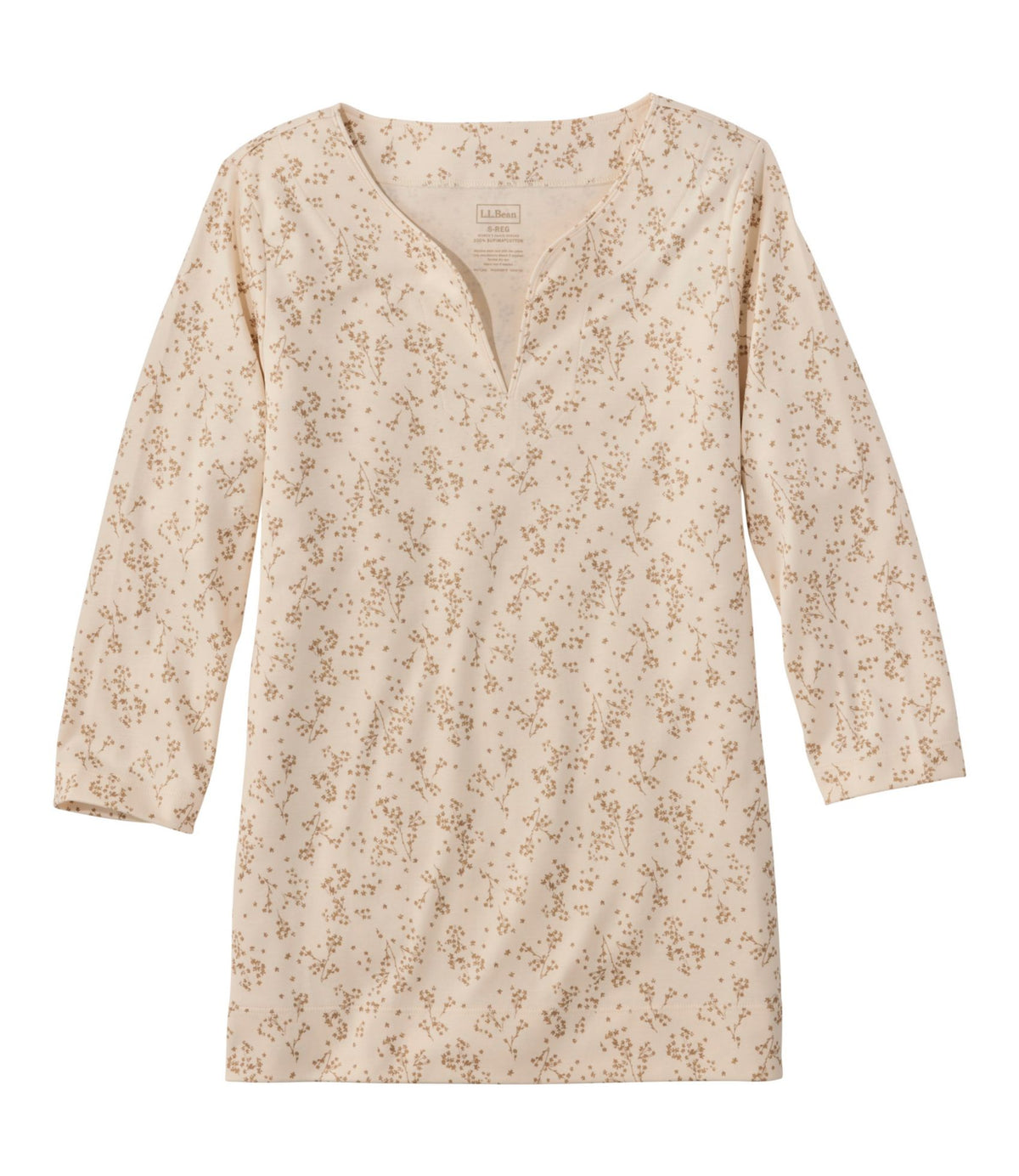 L.L.Bean Women's Pima Cotton Tunic, Three-Quarter-Sleeve Splitneck Print Cream Floral