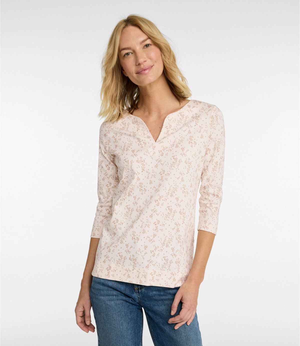L.L.Bean Women's Pima Cotton Tunic, Three-Quarter-Sleeve Splitneck Print Cream Floral