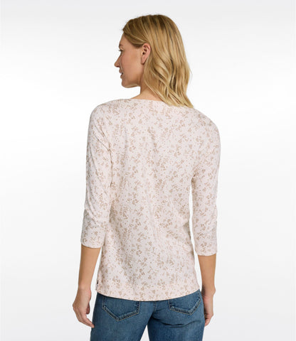 L.L.Bean Women's Pima Cotton Tunic, Three-Quarter-Sleeve Splitneck Print Cream Floral