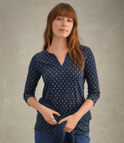 L.L.Bean Women's Pima Cotton Tunic, Three-Quarter-Sleeve Splitneck Print Cream Floral