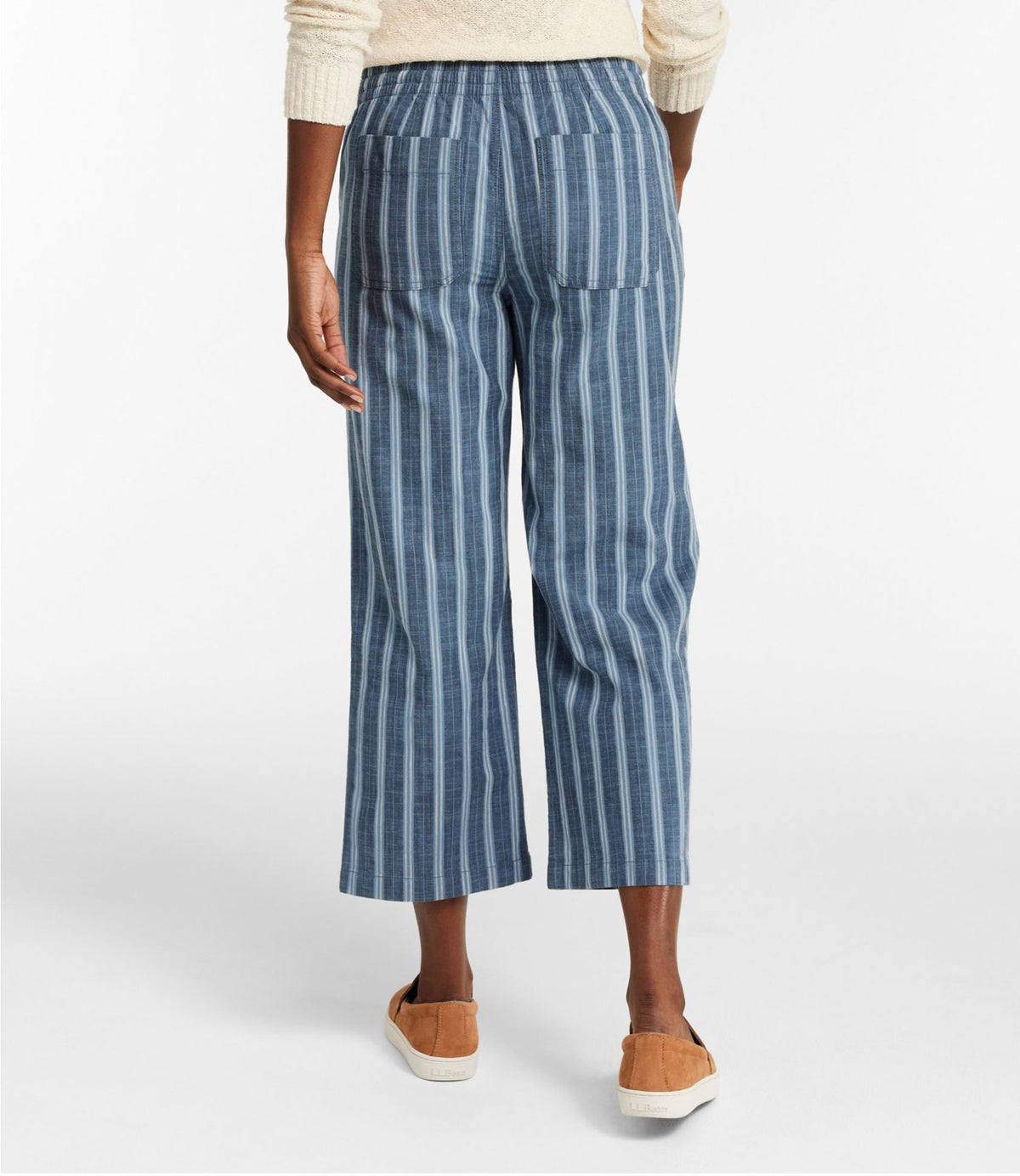 L.L.Bean Women's Lakewashed Pull-On Chinos, Mid-Rise Wide-Leg Crop Stripe Bayside Blue Stripe