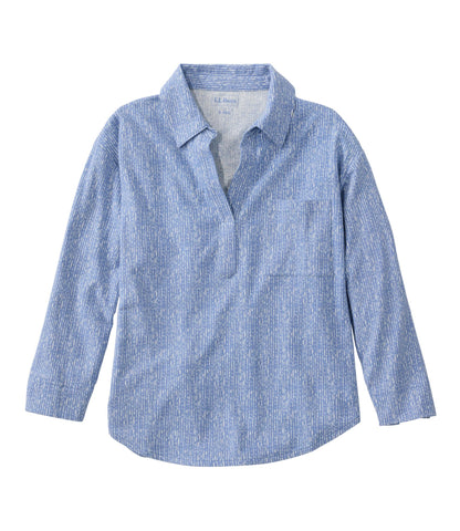 L.L.Bean Women's Lakeside Linen/Cotton Tee, Three-Quarter-Sleeve Splitneck Polo Print Deep Lake Dashes