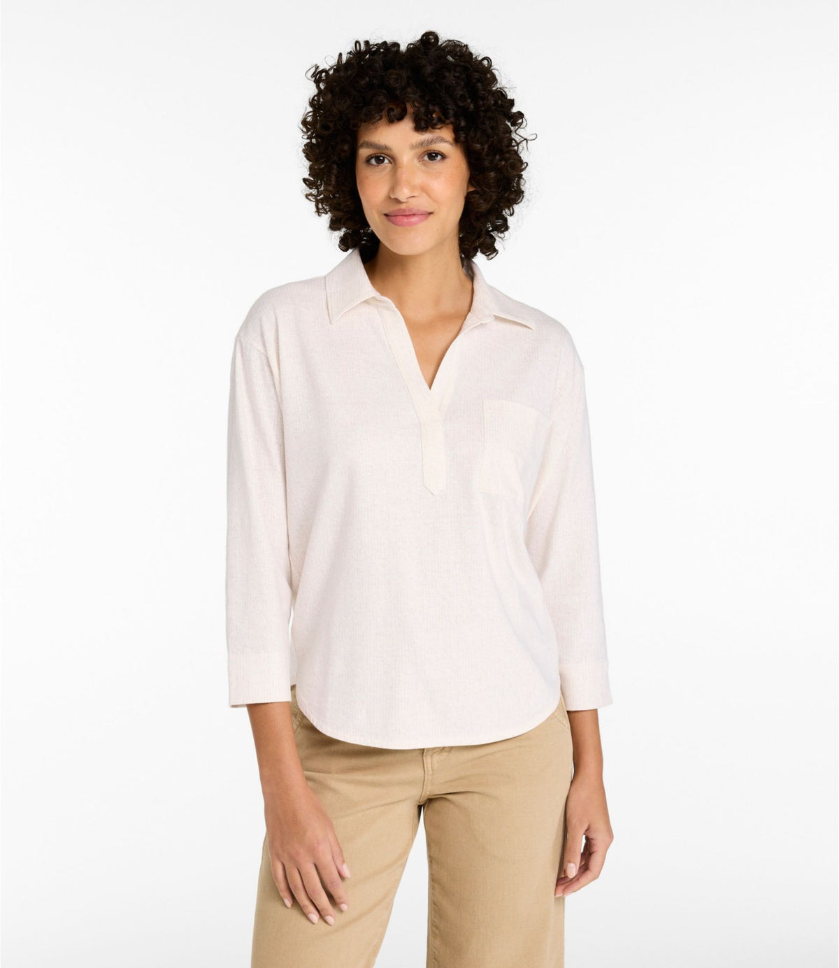 L.L.Bean Women's Lakeside Linen/Cotton Tee, Three-Quarter-Sleeve Splitneck Polo Print Deep Lake Dashes