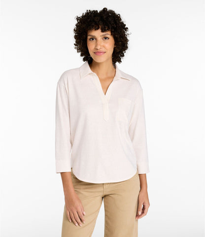 L.L.Bean Women's Lakeside Linen/Cotton Tee, Three-Quarter-Sleeve Splitneck Polo Print Deep Lake Dashes