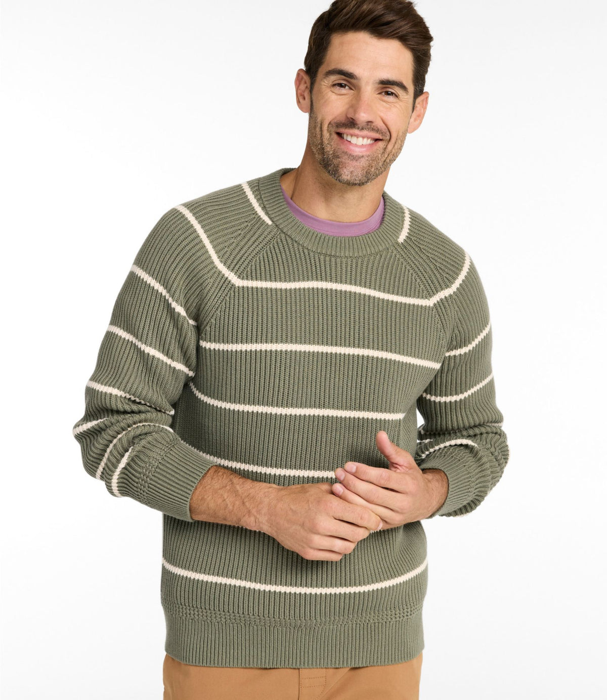 L.L.Bean Men's Mariner Rib Crew Sweater, Stripe Olive Gray/Natural