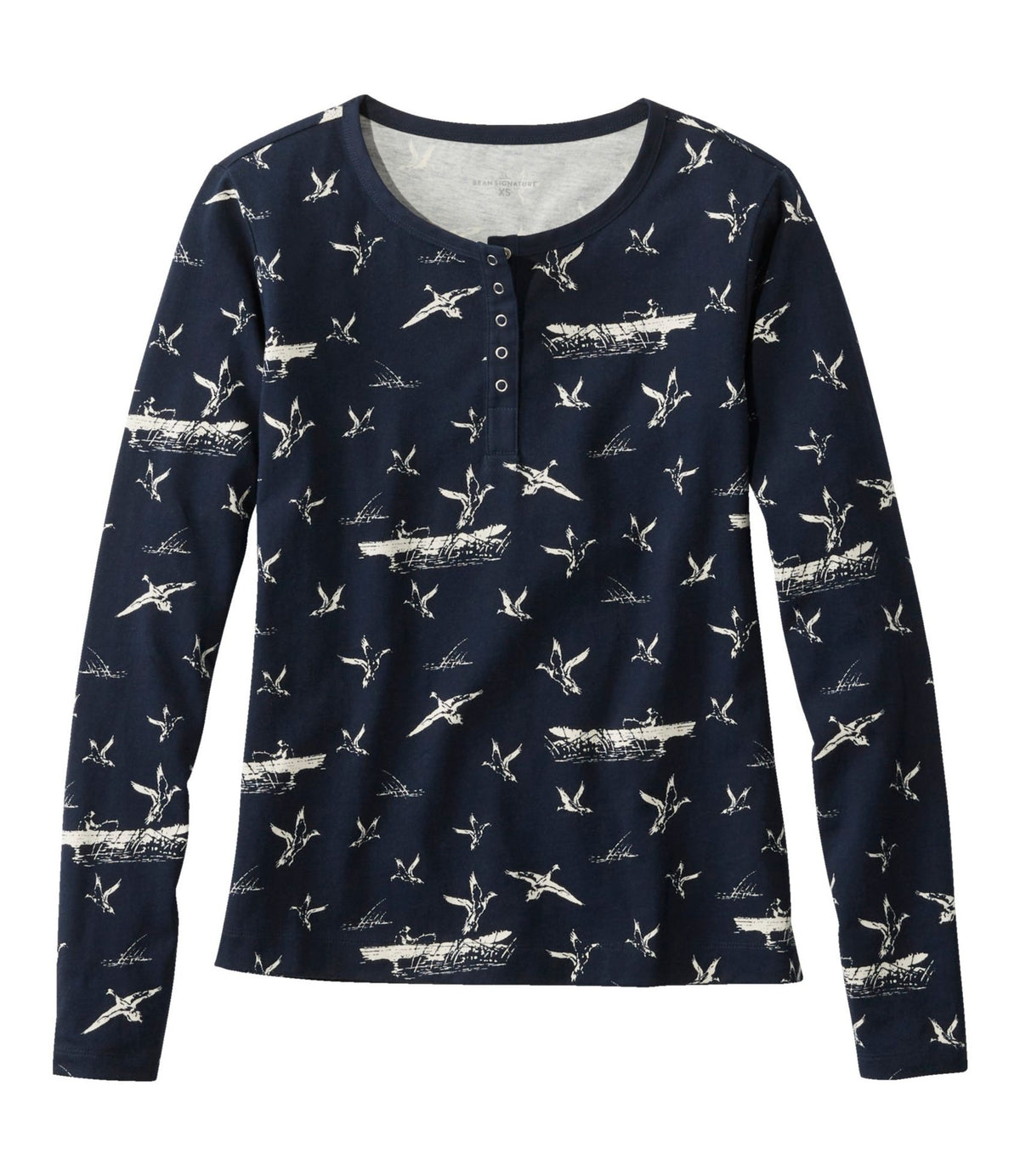 L.L.Bean Women's Signature Rangeley Cotton Tee, Henley Navy Scenic