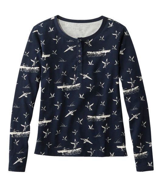 L.L.Bean Women's Signature Rangeley Cotton Tee, Henley Navy Scenic