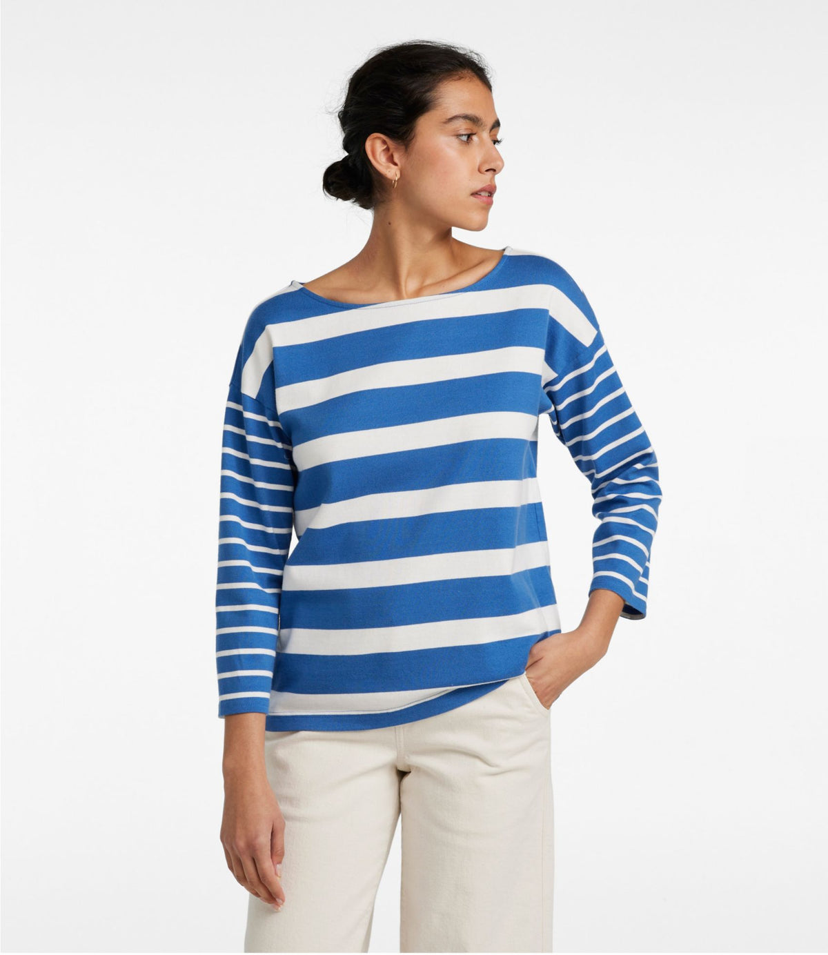 L.L.Bean Women's Heritage Mariner Top, Boatneck Three-Quarter-Sleeve Blocked Stripe Bright Blue Blocked Stripe