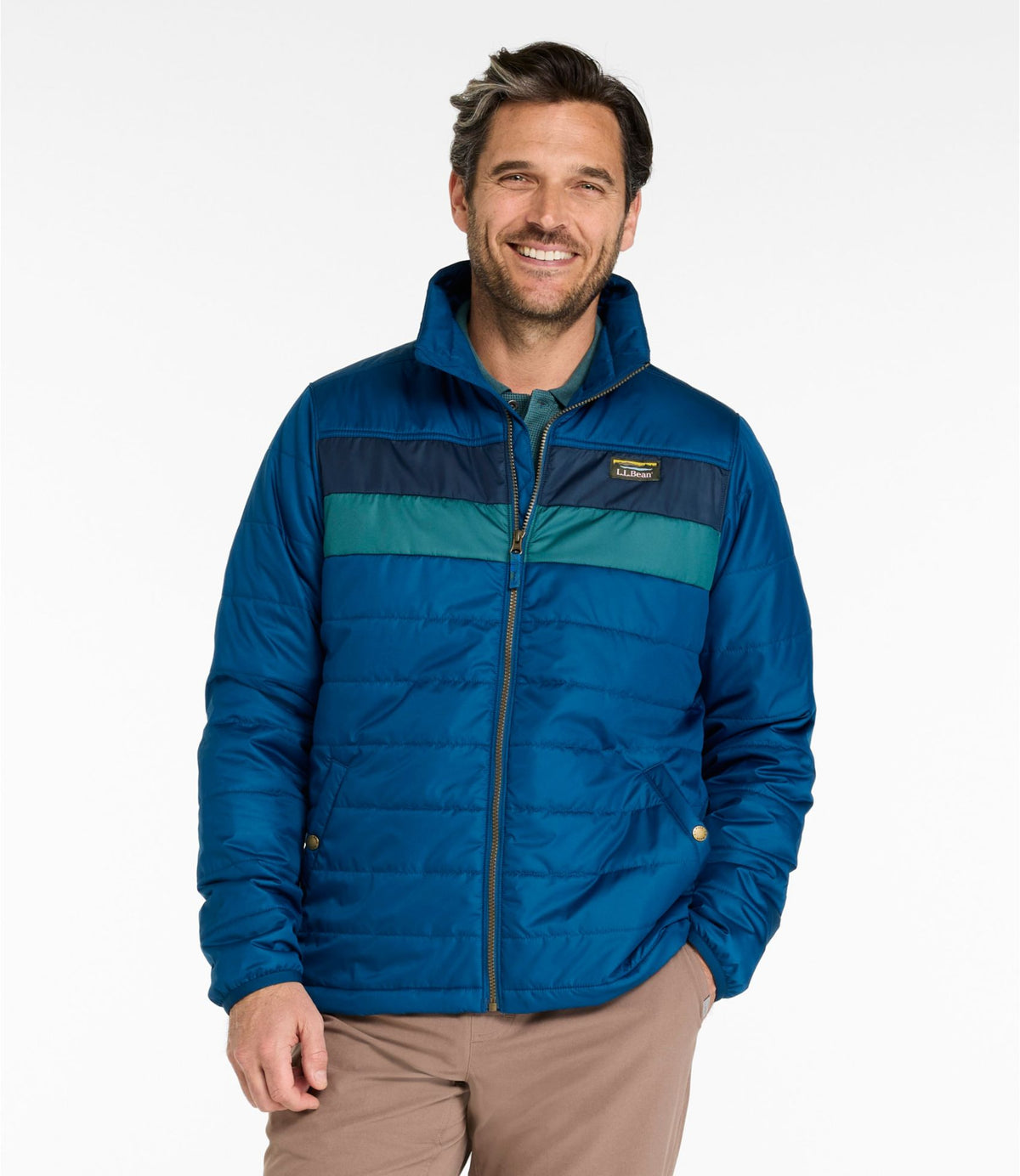 L.L.Bean Men's Mountain Classic Puffer Jacket, Colorblock Dark Marine Blue/Nautical Navy