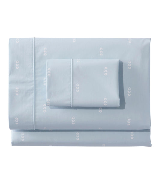 L.L.Bean Sunwashed Percale Sheet Collection, Stamped Leaf Print Light Blue