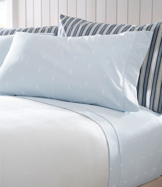 L.L.Bean Sunwashed Percale Sheet Collection, Stamped Leaf Print Light Blue