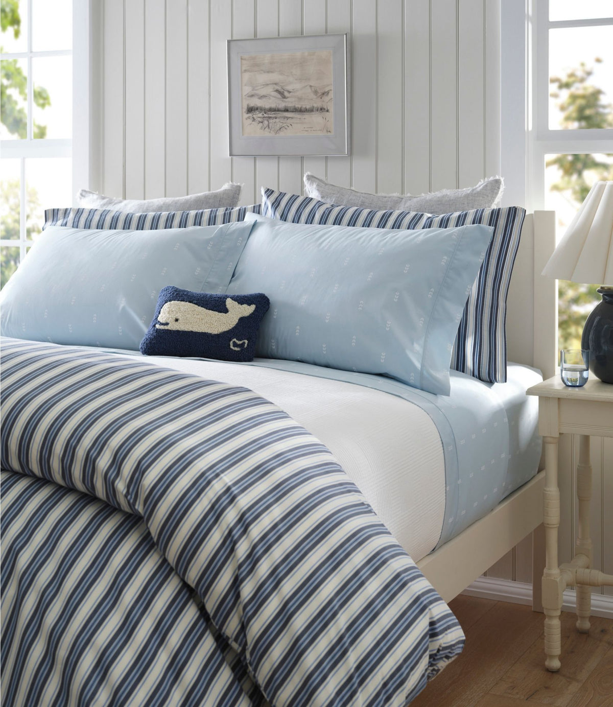 L.L.Bean Sunwashed Percale Sheet Collection, Stamped Leaf Print Light Blue