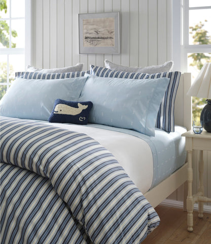 L.L.Bean Sunwashed Percale Sheet Collection, Stamped Leaf Print Light Blue