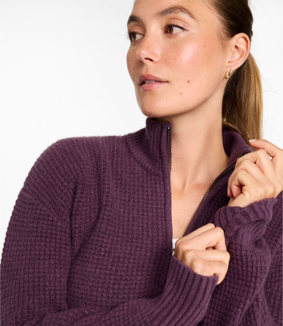 L.L.Bean Women's Supersoft Waffle Sweater, Quarter-Zip Bone