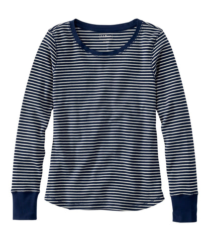 L.L.Bean Women's Waffle-Knit Top, Long-Sleeve Jewelneck Stripe Classic Navy/Cream