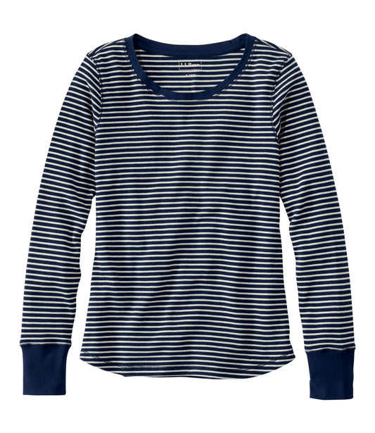 L.L.Bean Women's Waffle-Knit Top, Long-Sleeve Jewelneck Stripe Classic Navy/Cream