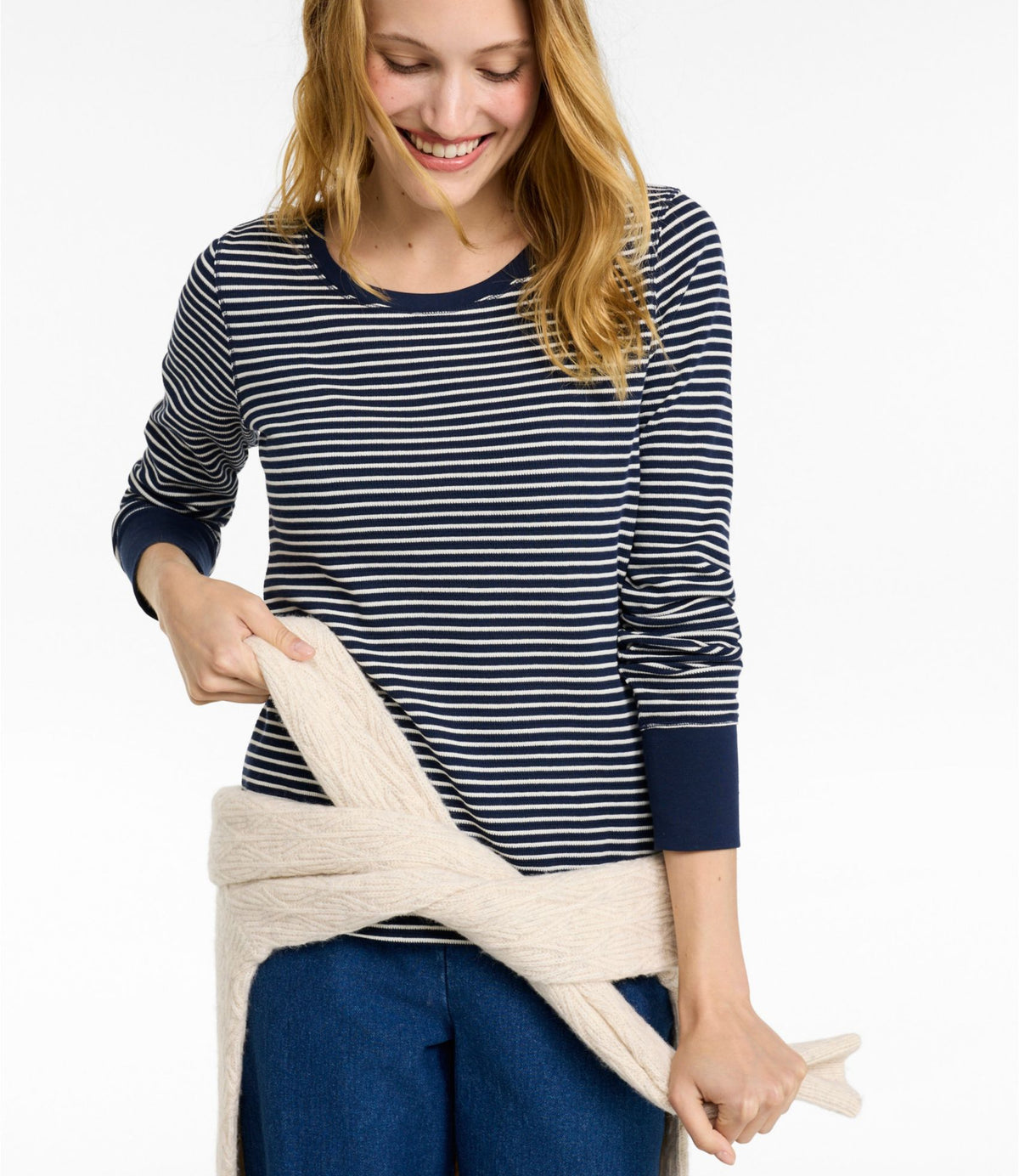 L.L.Bean Women's Waffle-Knit Top, Long-Sleeve Jewelneck Stripe Classic Navy/Cream