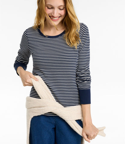 L.L.Bean Women's Waffle-Knit Top, Long-Sleeve Jewelneck Stripe Classic Navy/Cream