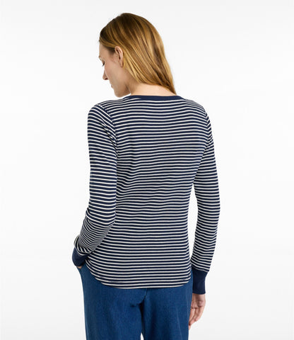 L.L.Bean Women's Waffle-Knit Top, Long-Sleeve Jewelneck Stripe Classic Navy/Cream