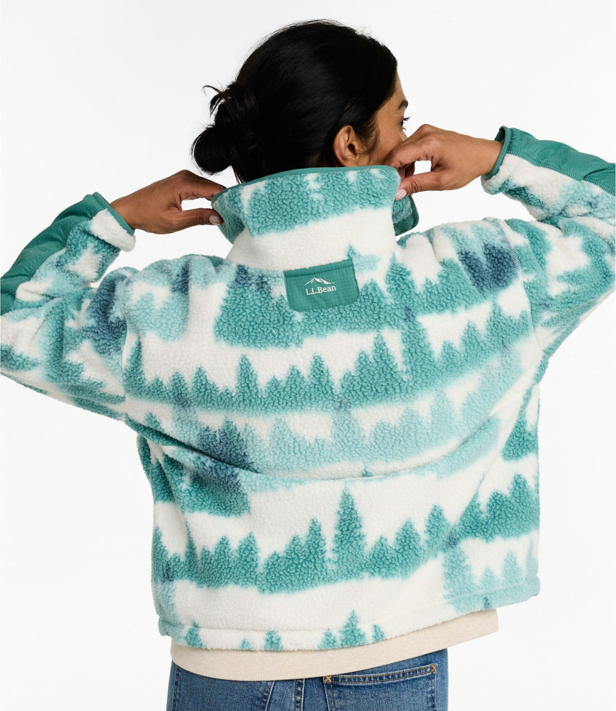 L.L.Bean Women's Mountainside Fleece Half-Zip Pullover, Print Antique Green Tree Print