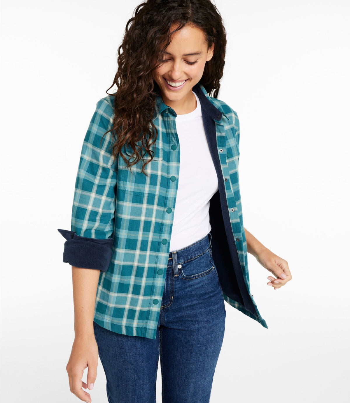L.L.Bean Women's Fleece-Lined Flannel Shirt, Snap-Front Plaid Dark Twilight Blue